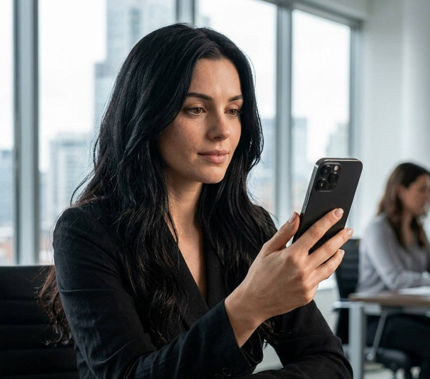 Professional checking their phone during a busy workday